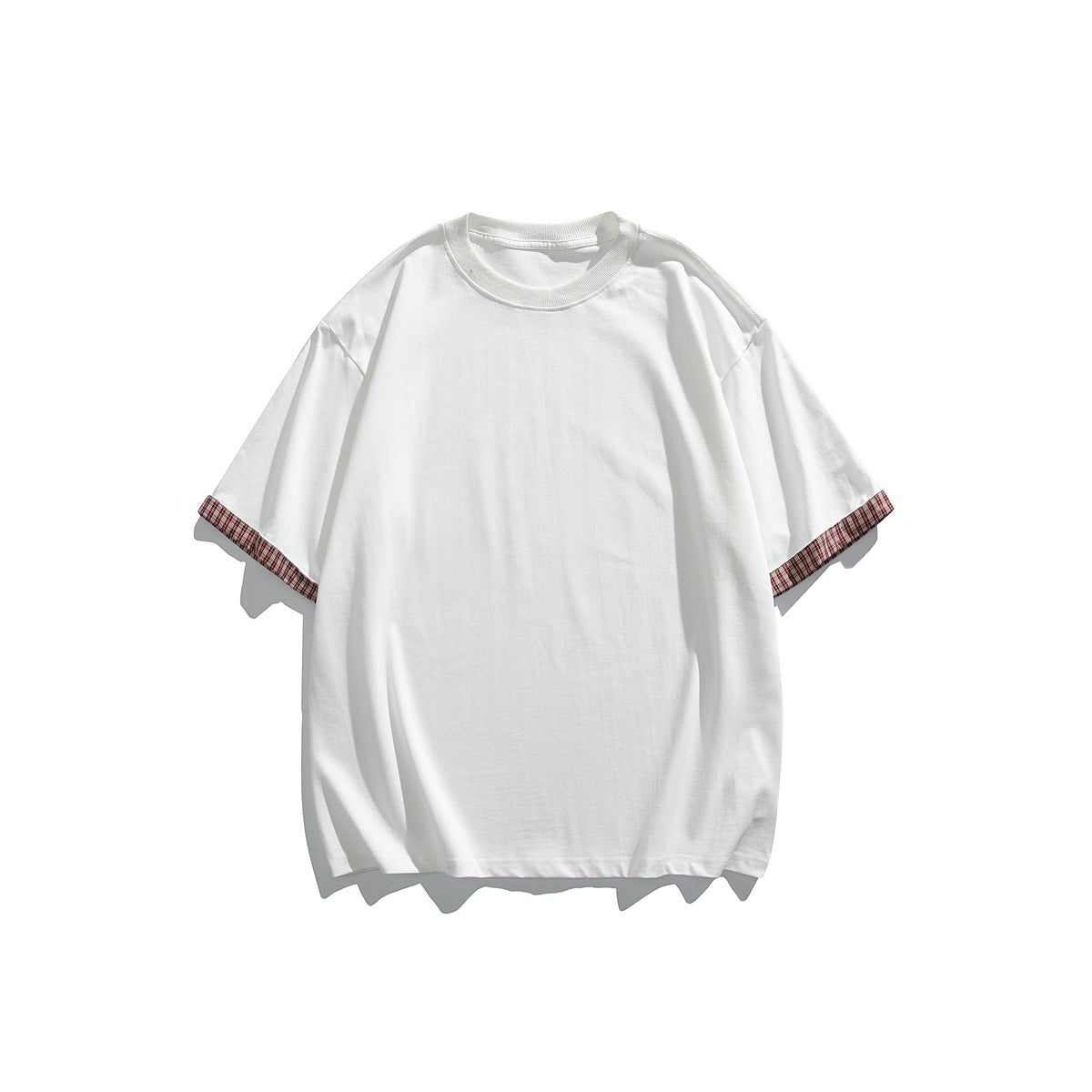 White short-sleeve crewneck T-shirt with red plaid cuffs on the sleeve hems, flat lay front view