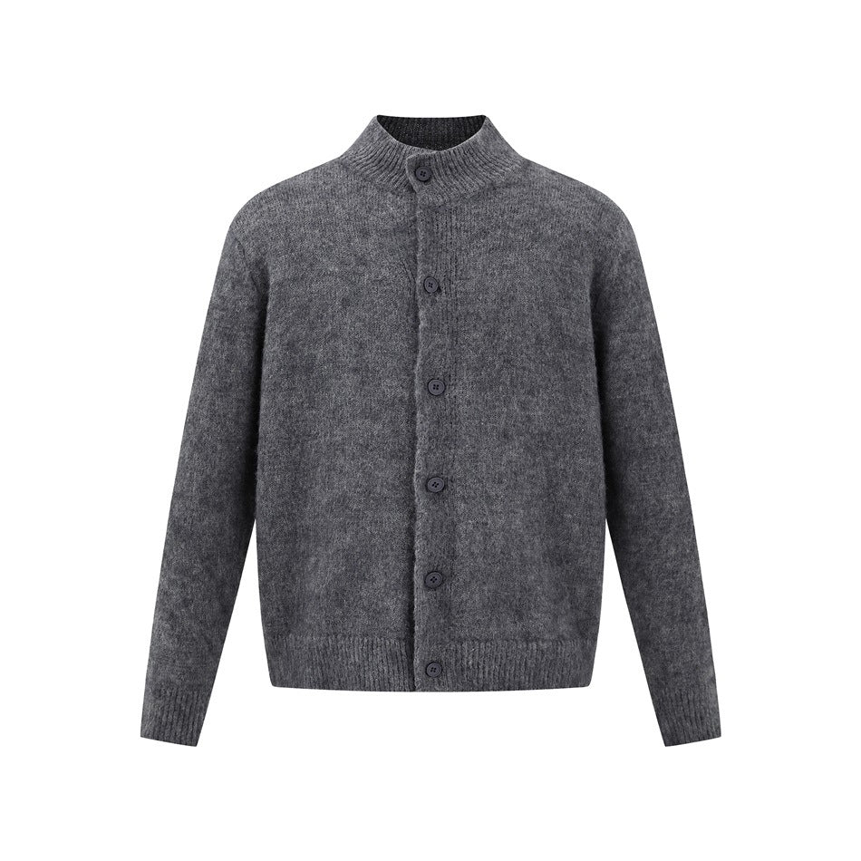 Gray button-front knit cardigan with stand collar and ribbed cuffs, front view on white background