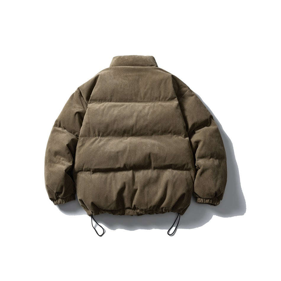 Back view of an olive-brown padded jacket with a high collar, horizontal panels, ribbed texture and adjustable hem cords.