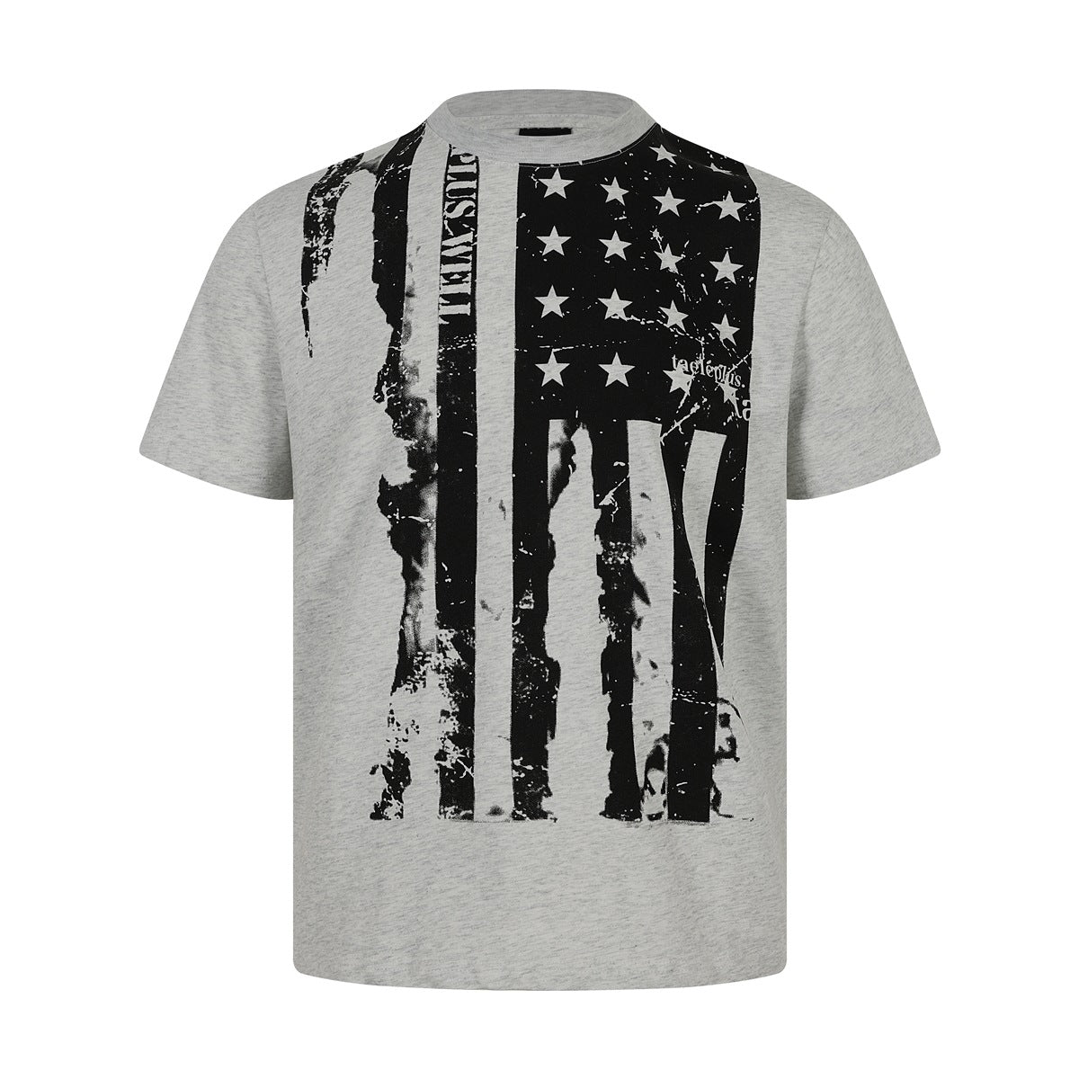 Heather gray short-sleeve crew neck t-shirt with a distressed black and white American flag print on the front