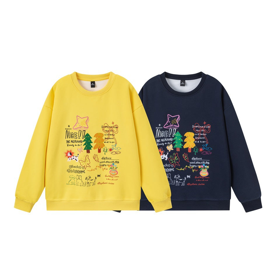 Yellow and navy crewneck sweatshirts displayed side by side, each with a colorful illustrated chest graphic.