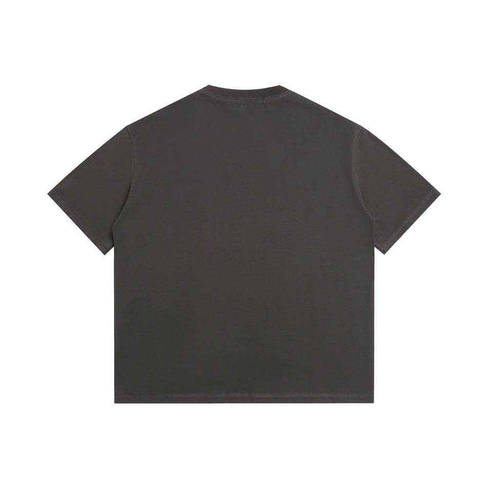 Back view of a plain charcoal gray short-sleeve crew-neck T-shirt.