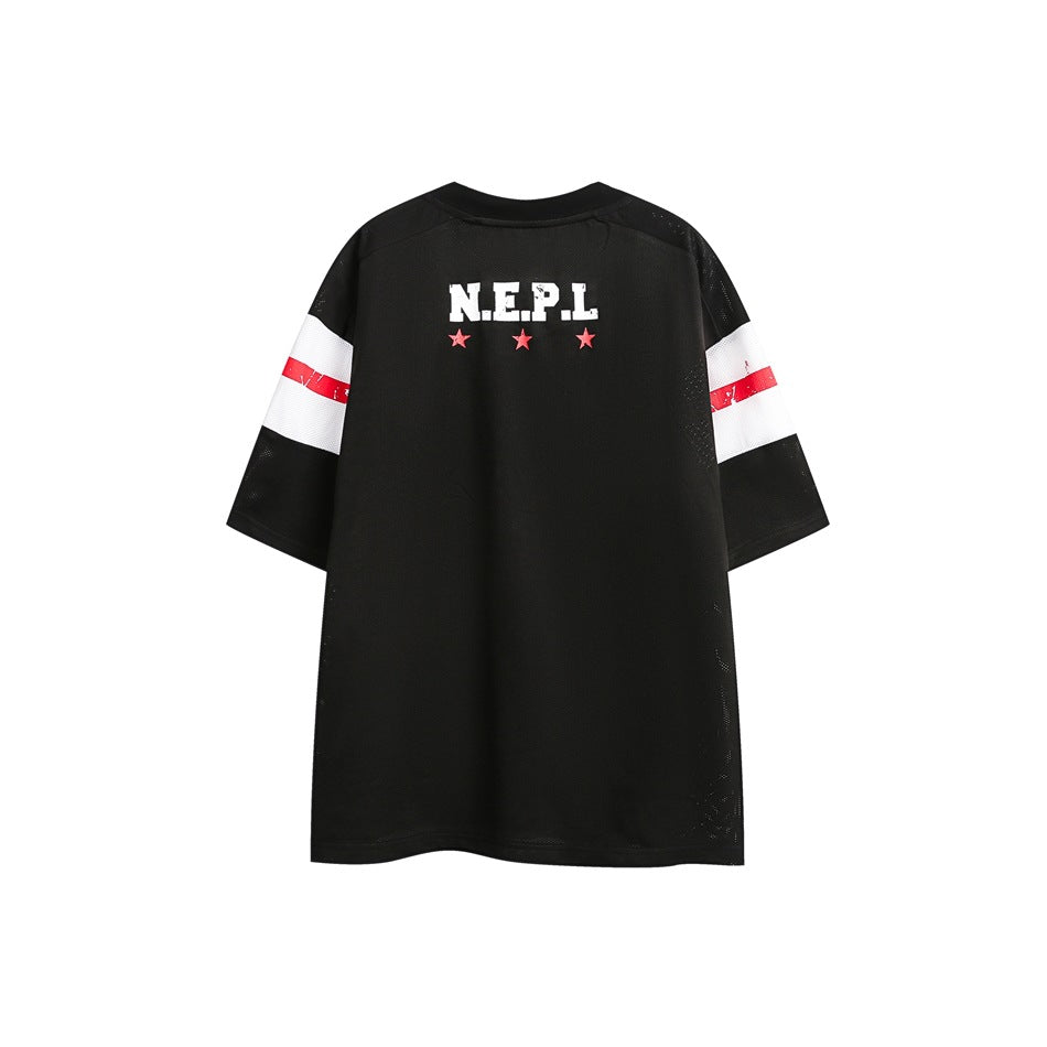 Back view of a black short-sleeve shirt with white sleeve bands, red stripes, and small lettering and stars.