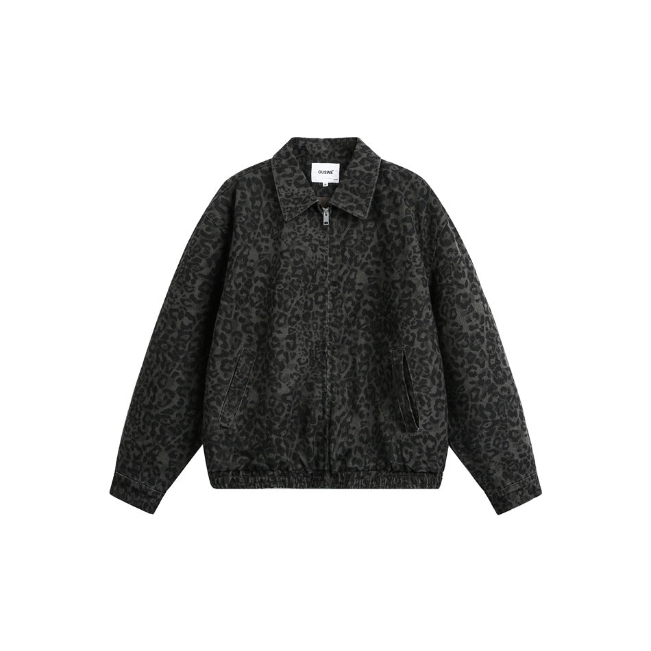 Washed charcoal leopard-print zip jacket with collar and elastic hem, flat front view