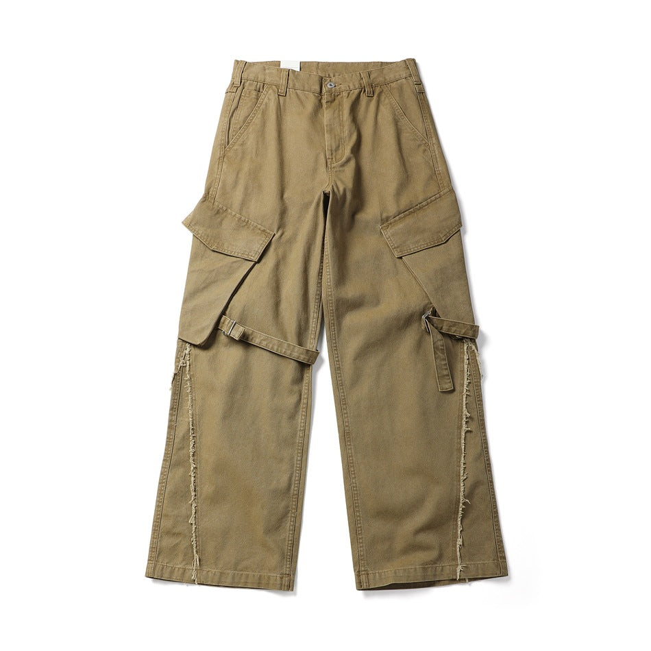 Khaki wide-leg cargo pants with flap pockets, knee straps and frayed leg seams, front flat lay