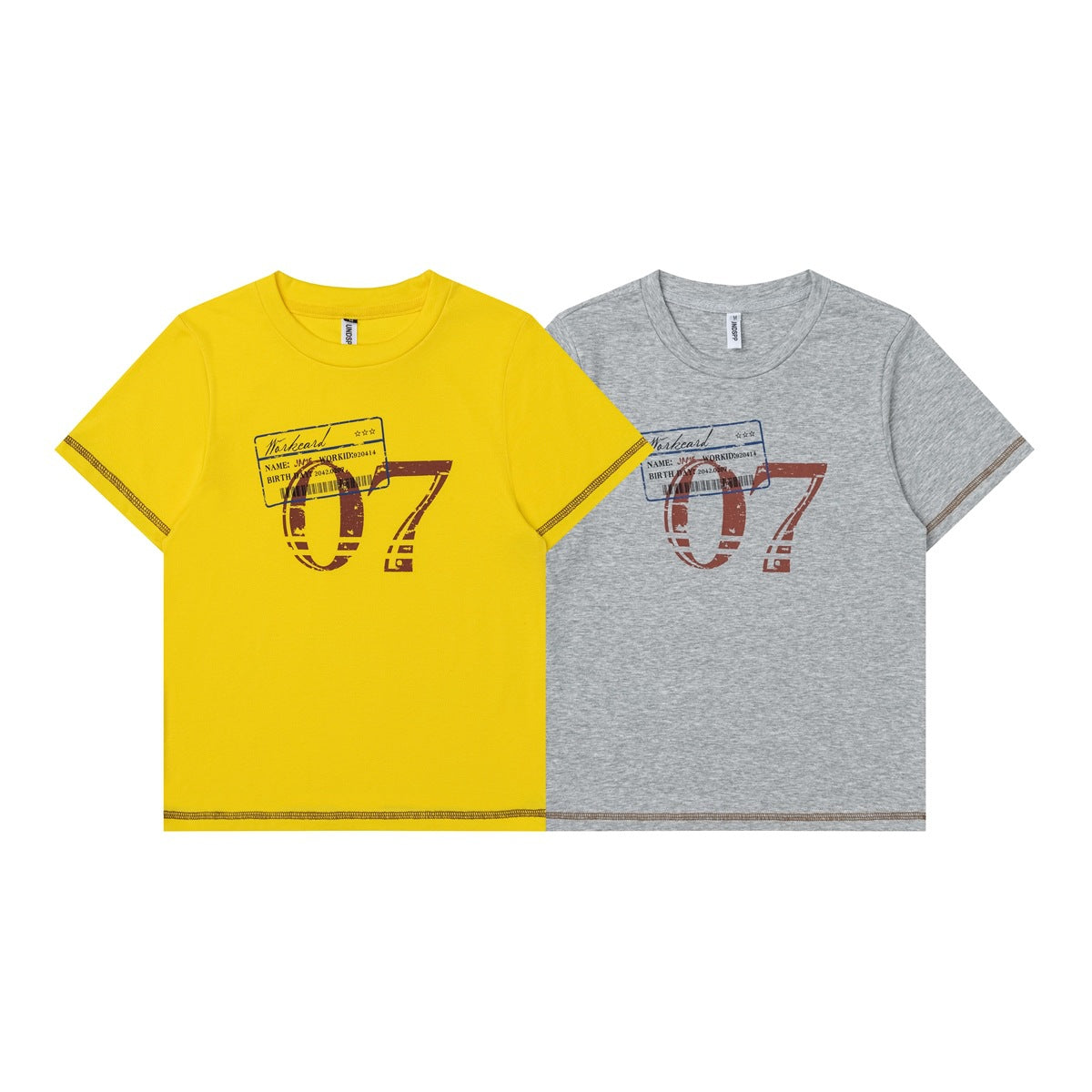 Two short-sleeve crew-neck T-shirts, one yellow and one heather gray, with distressed front graphics and contrast stitching.