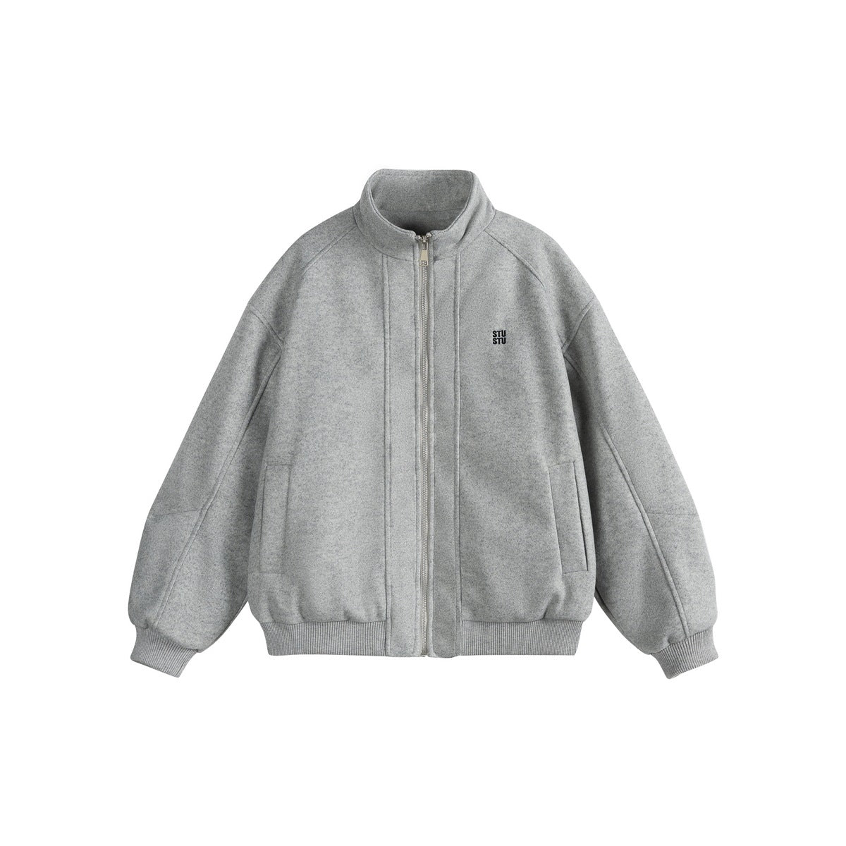 Gray stand-collar zip jacket with ribbed cuffs and hem, front pockets and a small chest logo, flat front view