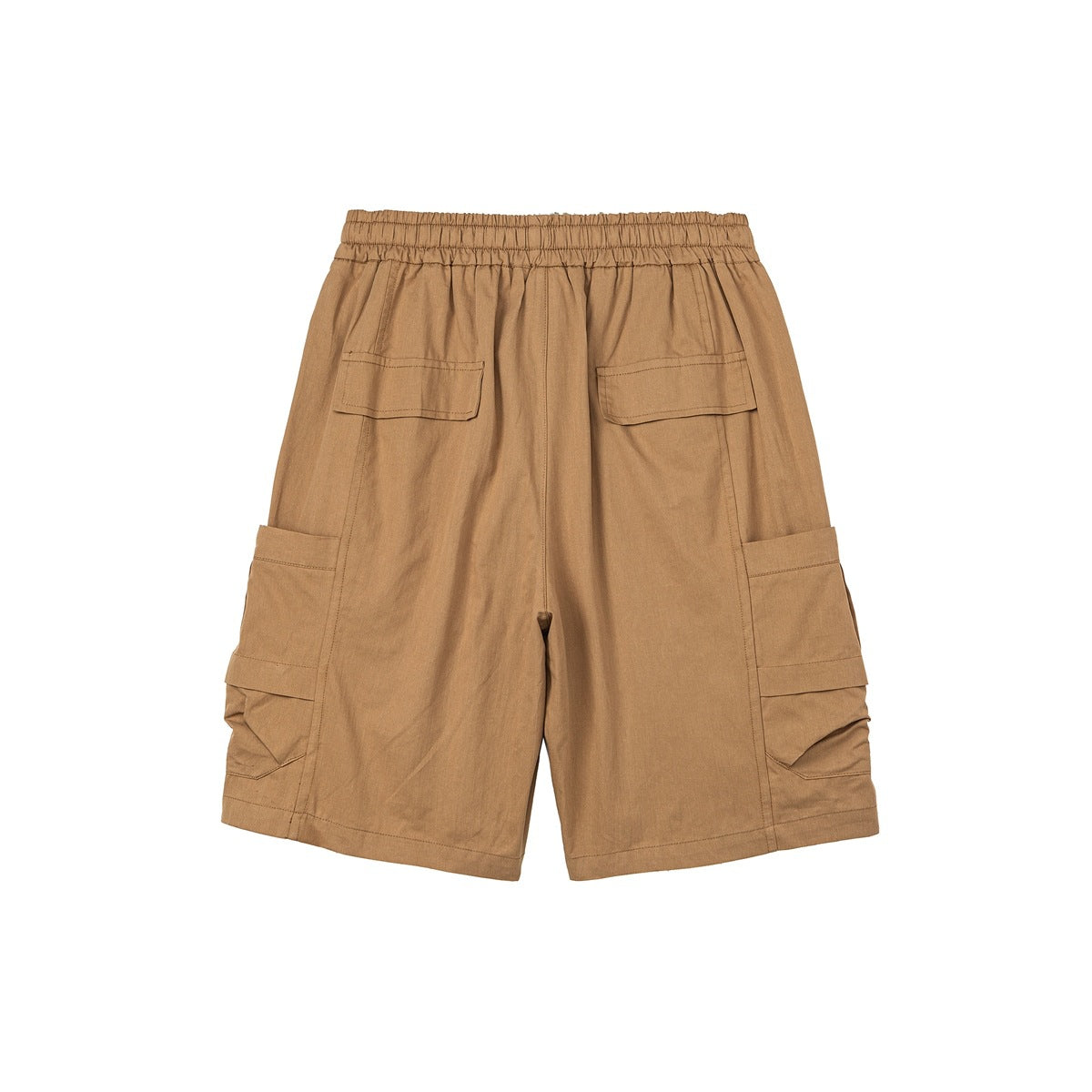 Back view of tan cargo shorts showing elastic waistband, two flap back pockets and side cargo pockets