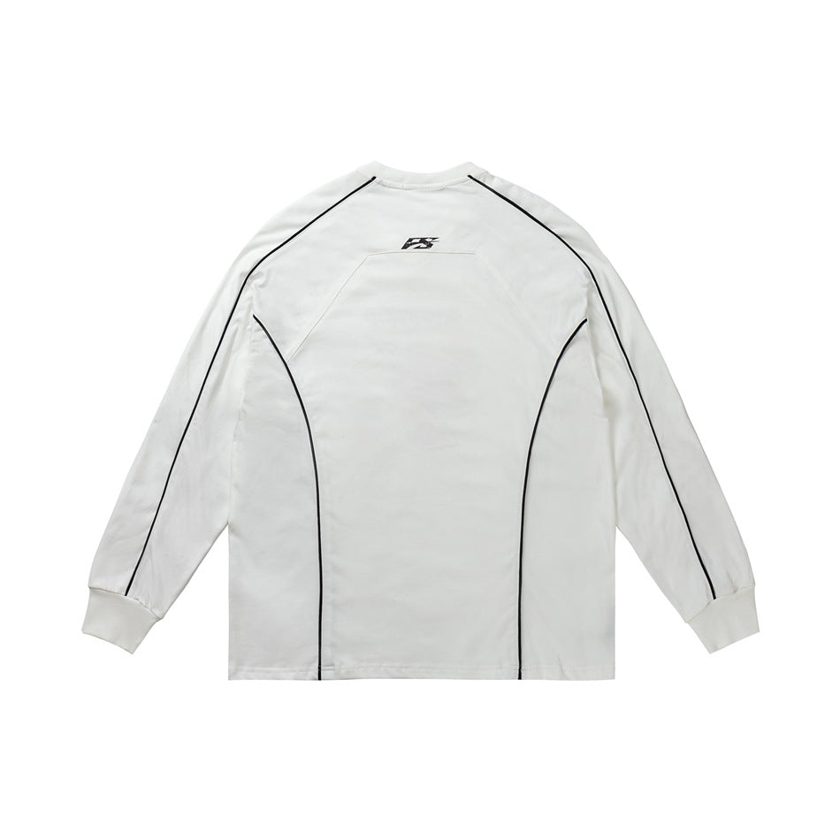Back view of white long-sleeve top with black piping, raglan sleeves, rib-knit cuffs and a small upper-back logo