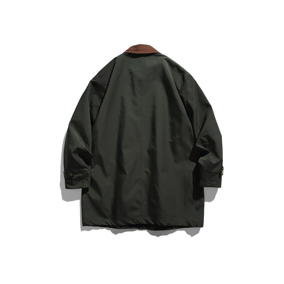 Back view of a dark olive coat with a brown collar, center seam, and buttoned cuff tabs on a white background.