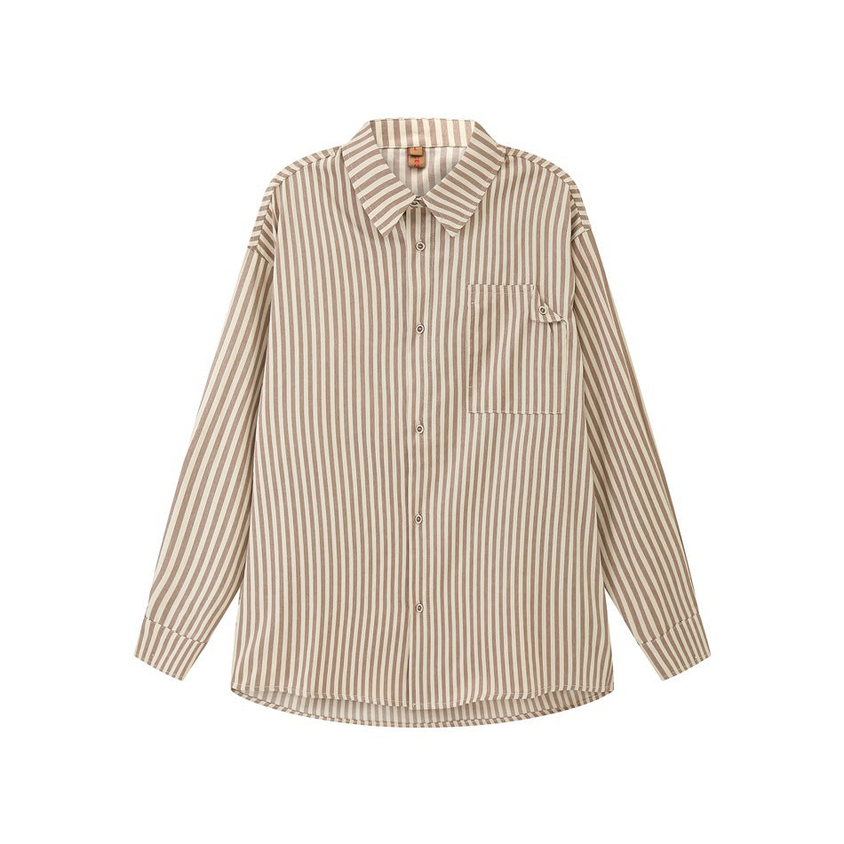 Brown and cream striped long-sleeve button-up shirt with chest pocket, flat front view