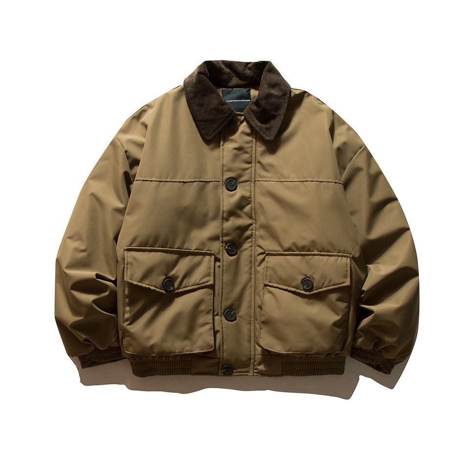 Khaki bomber-style jacket with brown corduroy collar, button front, two flap pockets and ribbed hem, flat lay