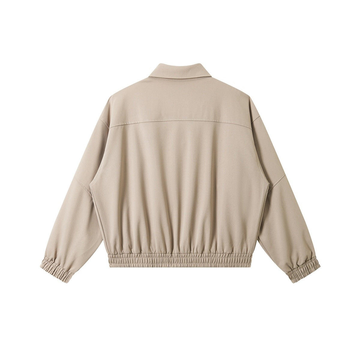 Back view of a beige collared jacket with long sleeves and gathered elastic cuffs and hem.