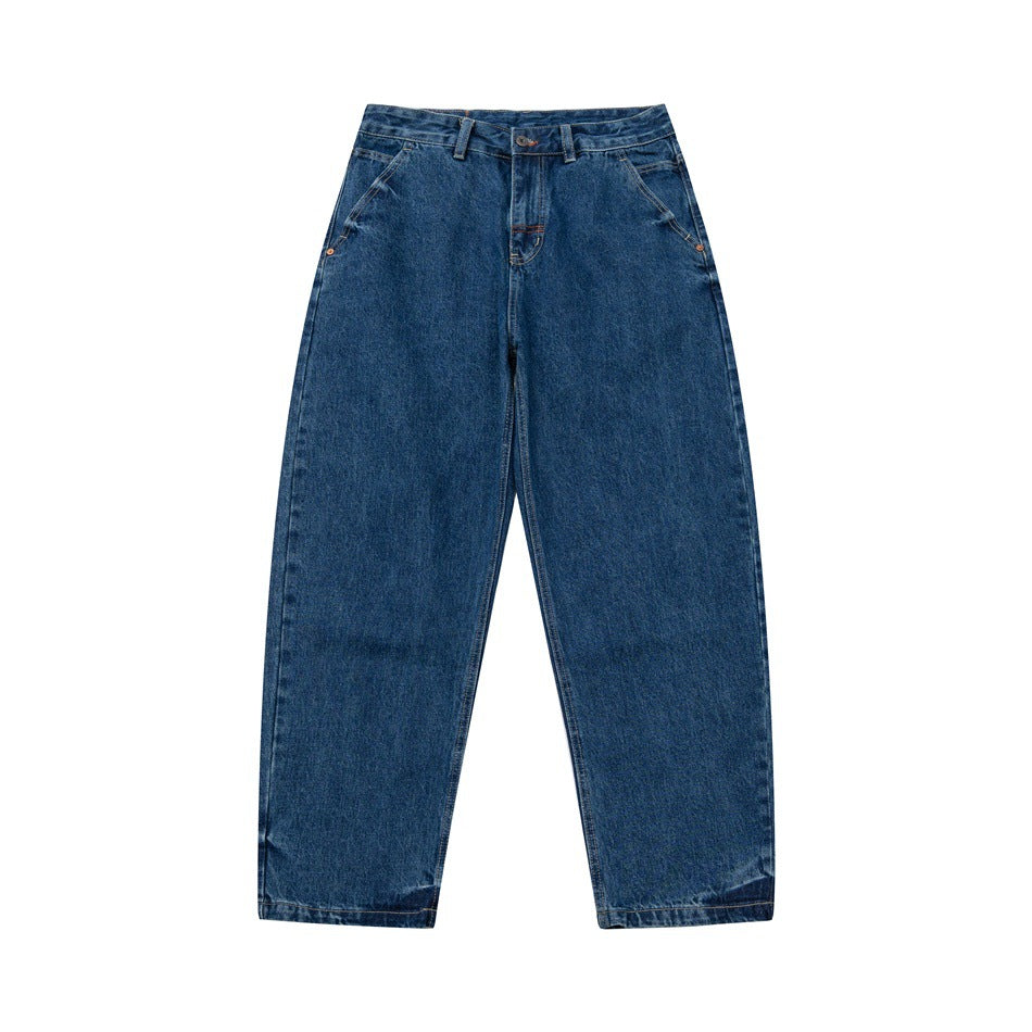 Front flat view of dark blue washed denim jeans with a relaxed wide straight leg and button waistband