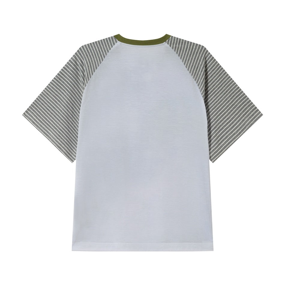 Back of raglan T-shirt in plain light blue-gray with gray striped short sleeves and olive green collar