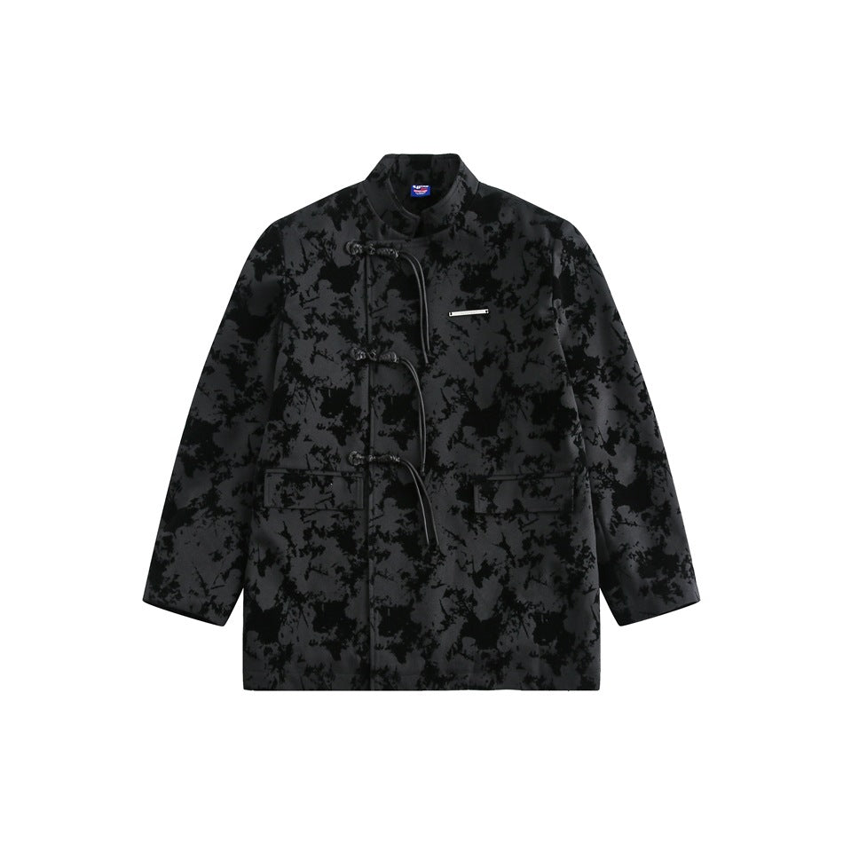 Black and charcoal mottled-print stand-collar jacket with three cord frog closures and flap pockets, flat front view