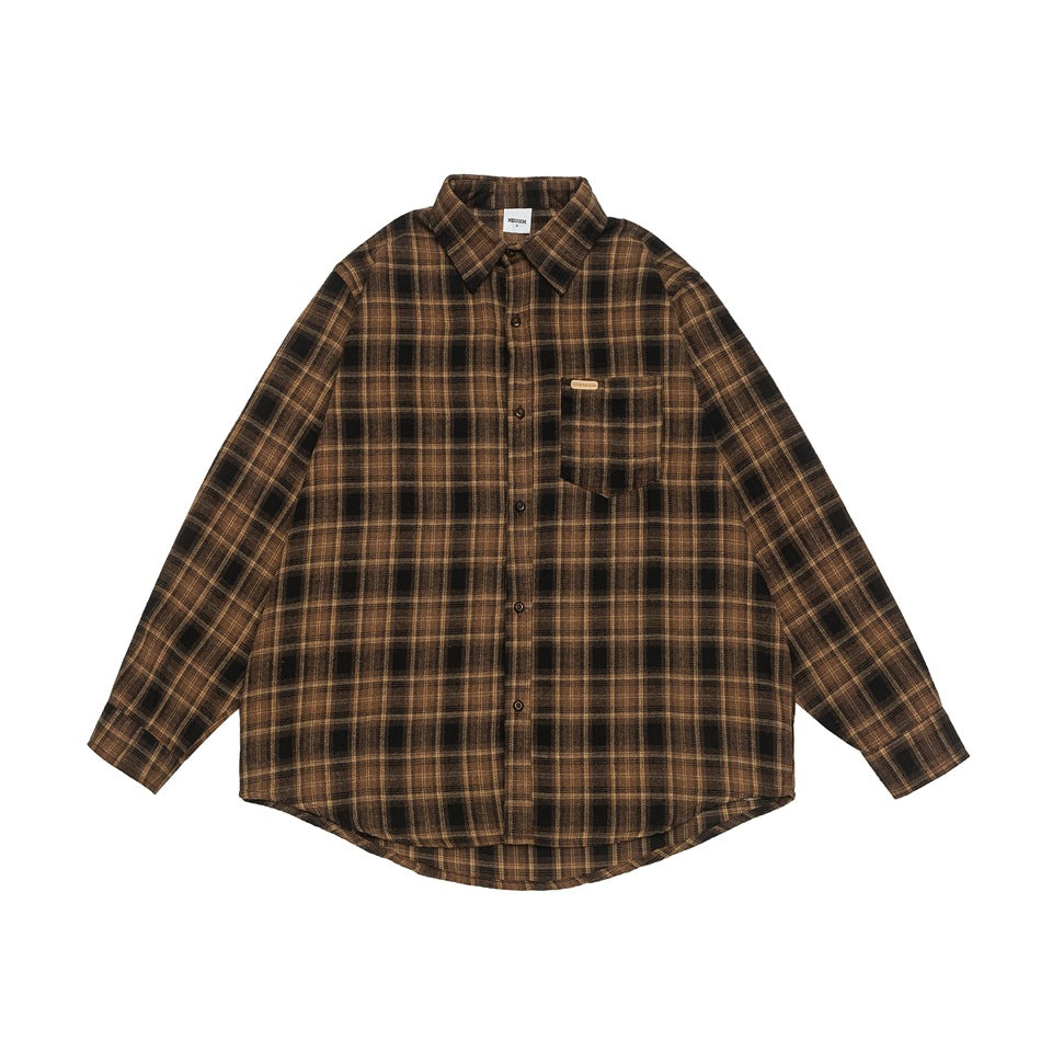 Brown and black plaid long-sleeve button-up shirt with chest pocket, laid flat, front view