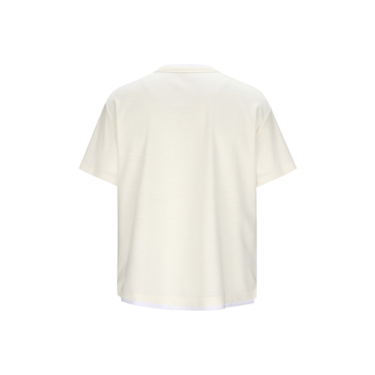 Back view of an ivory short-sleeve shirt with a crew neckline and white layer peeking below the hem.