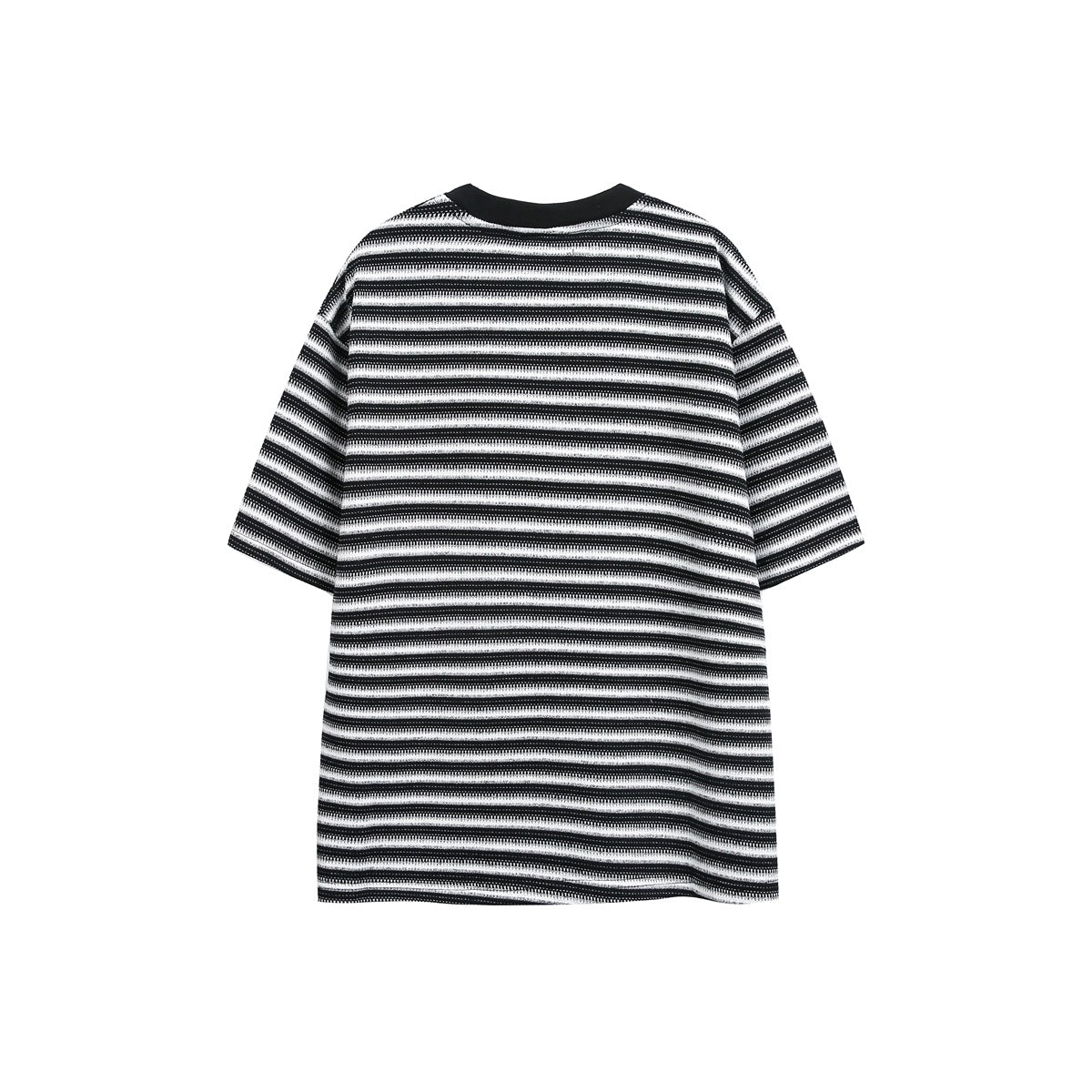 Back view of a black-and-white horizontally striped short-sleeve shirt with a black crew neckline.