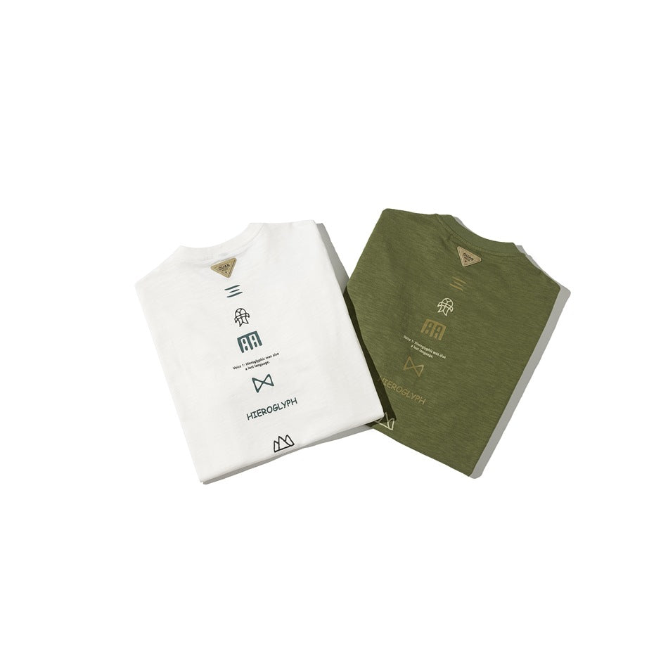 Folded white and olive green T-shirts shown from the back, with small central graphic prints.