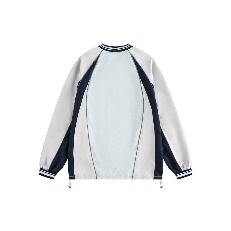 Back view of a white and pale blue pullover with navy side panels and striped collar and cuffs.