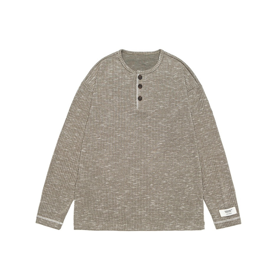 Gray green heathered ribbed knit henley top with three buttons and contrast stitching, flat front view