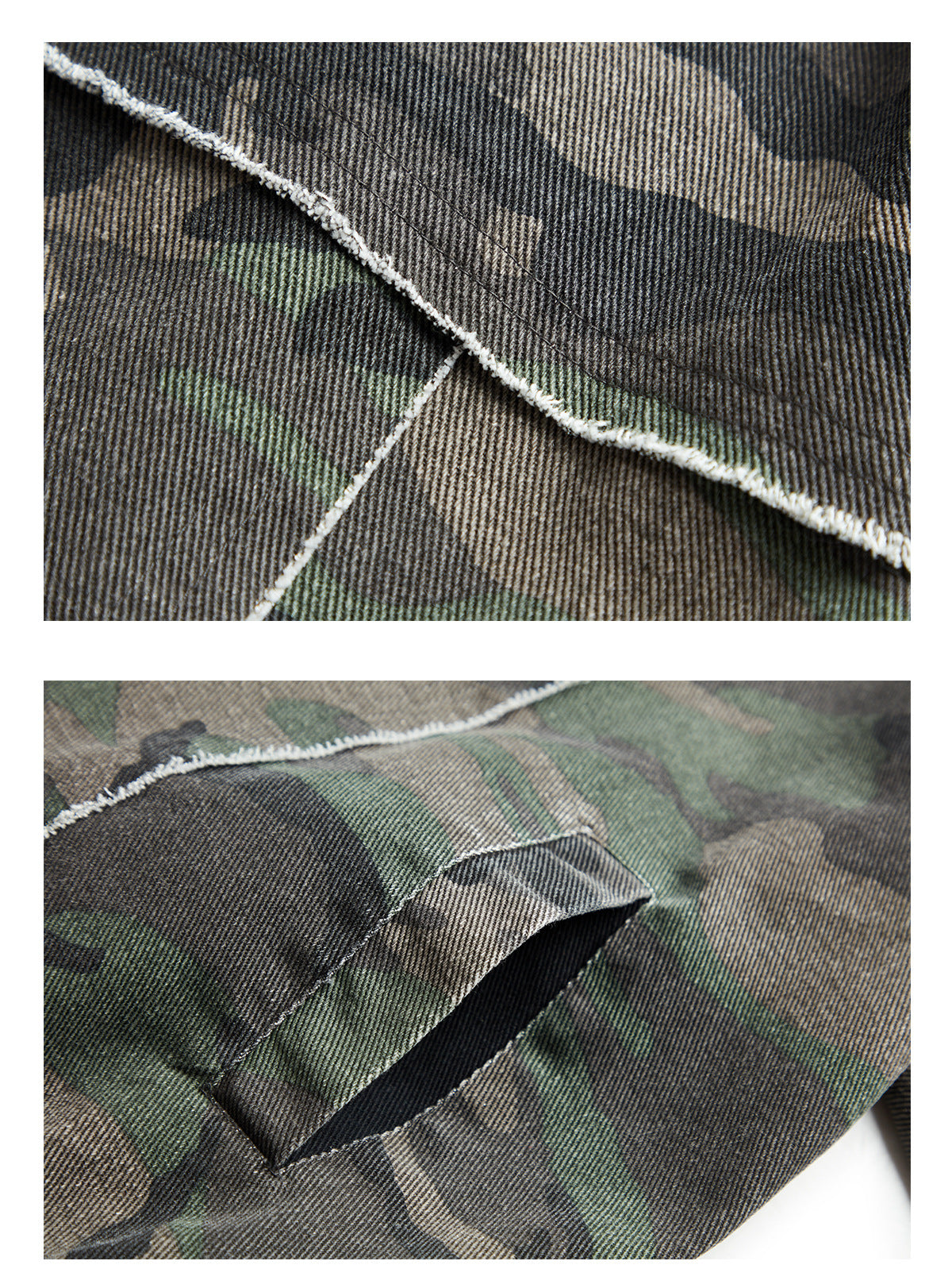 Close-ups of camouflage fabric, white contrast stitching and a folded sleeve tab.