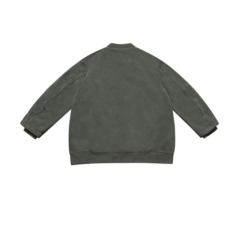 Back view of an olive-gray long-sleeved jacket with a stand collar and ribbed hem and cuffs.