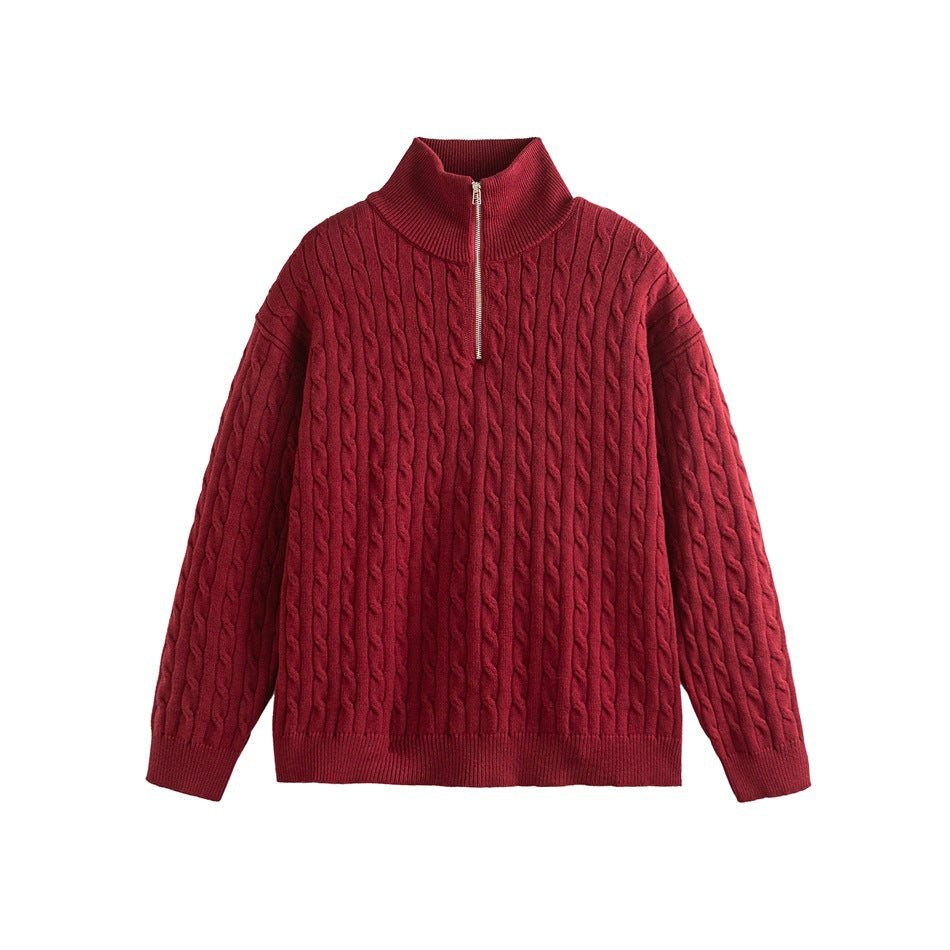 Red cable-knit half-zip sweater with ribbed stand collar, flat front view