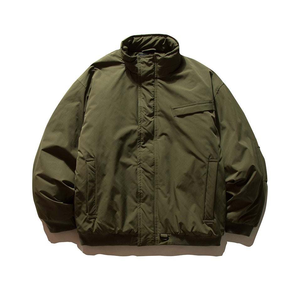 Army green padded-look bomber jacket with stand collar, zip front and side pockets, flat lay front view
