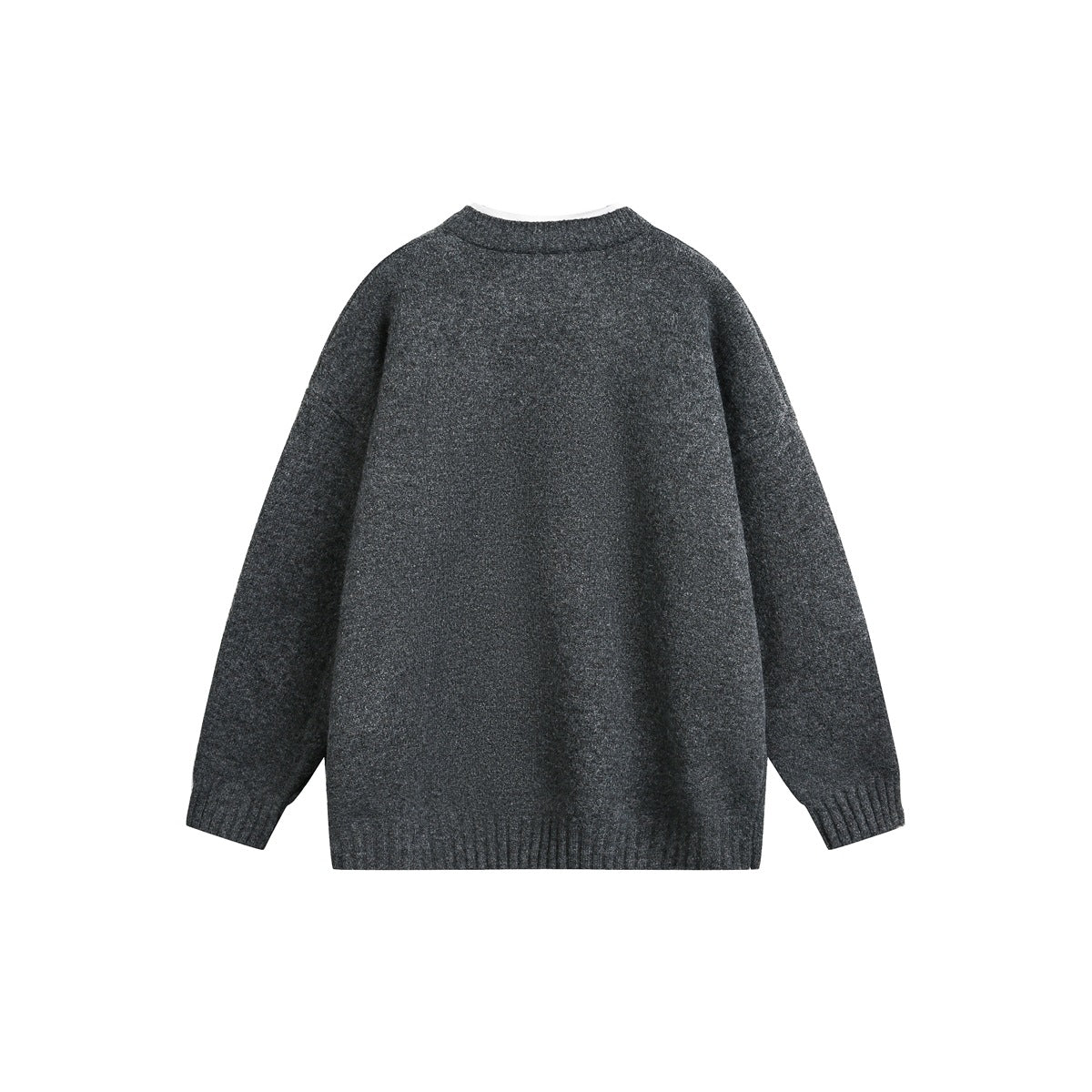Back view of a charcoal gray knit sweater with long sleeves and ribbed cuffs, collar, and hem on white.