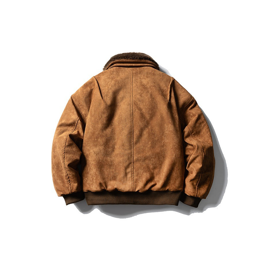 Back view of a brown jacket with a center seam, dark ribbed hem and cuffs, and a plush dark collar.