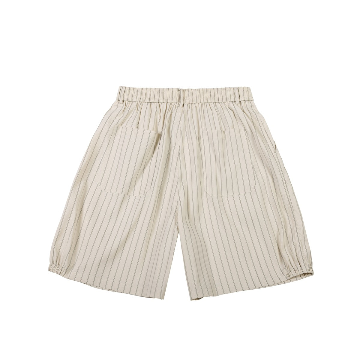 Back view of cream pinstriped shorts with an elastic waistband, two patch pockets, and gathered leg hems.