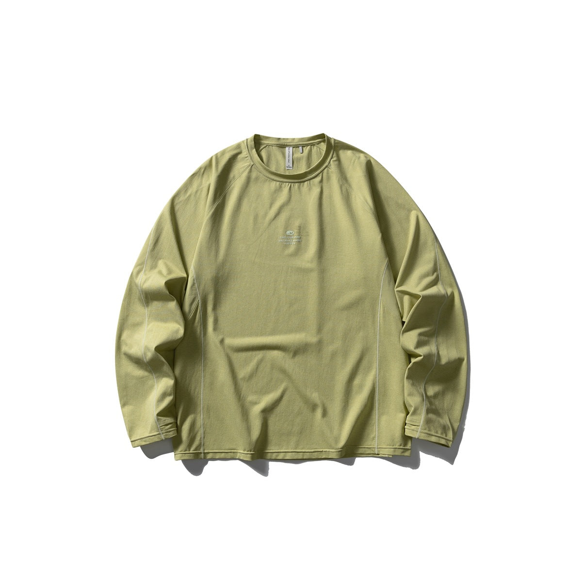 Light olive green long-sleeve raglan T-shirt flat lay with contrast piping and small chest print