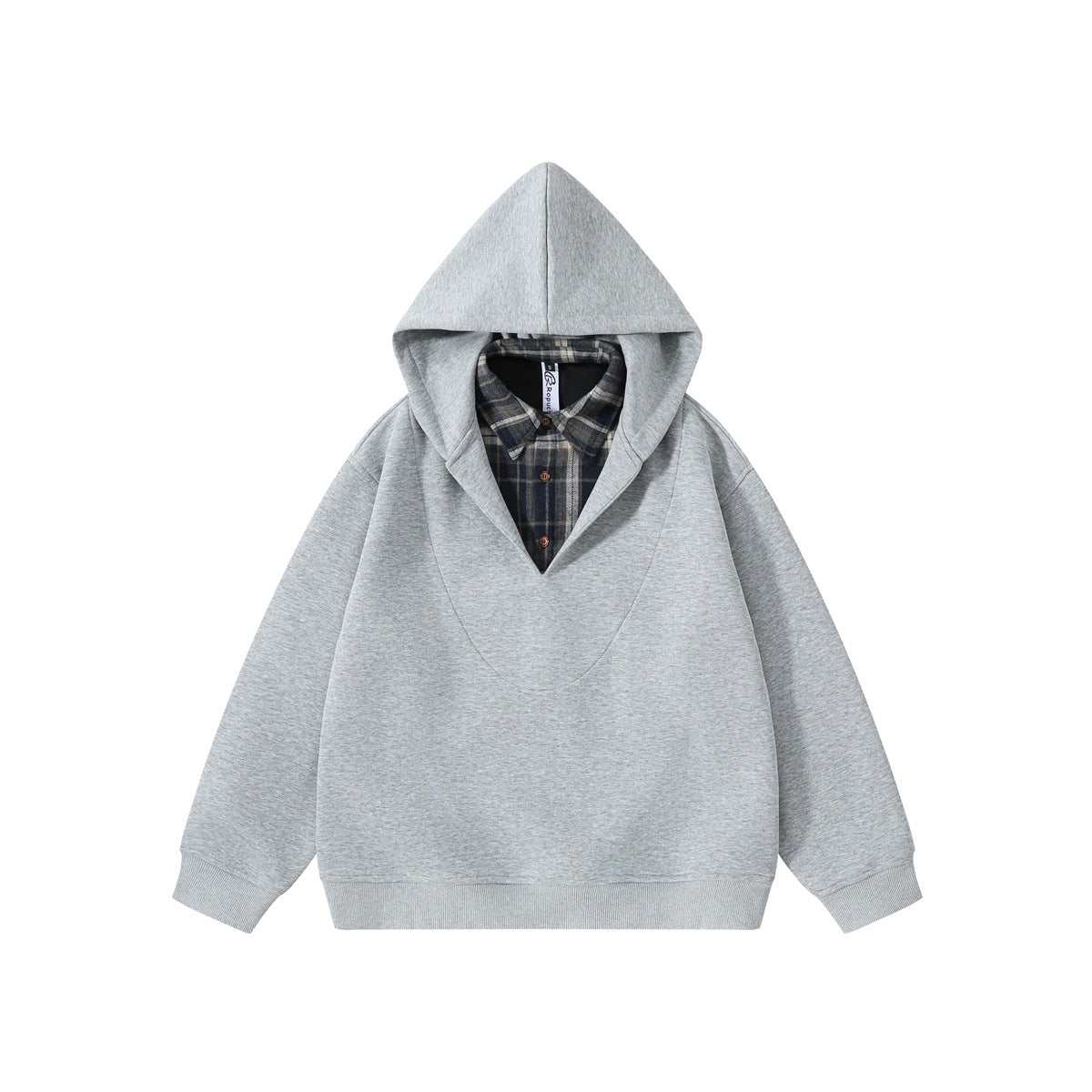 Heather gray pullover hoodie with navy and cream plaid shirt collar and buttons, flat lay front view