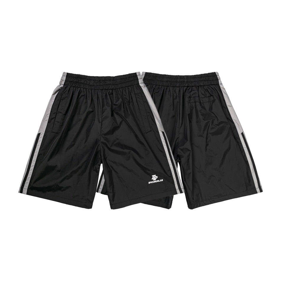 Black shorts shown from the front and back, with gray side stripes, elastic waistbands, and a small white logo.