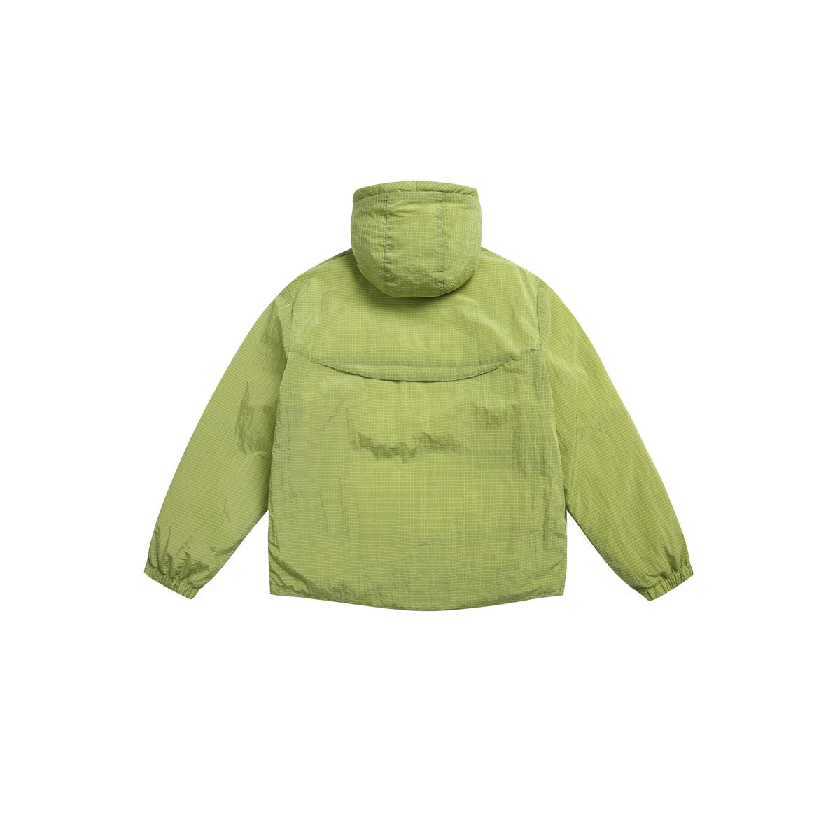 Back of a lime green grid-pattern hooded jacket, shown flat against a white background.