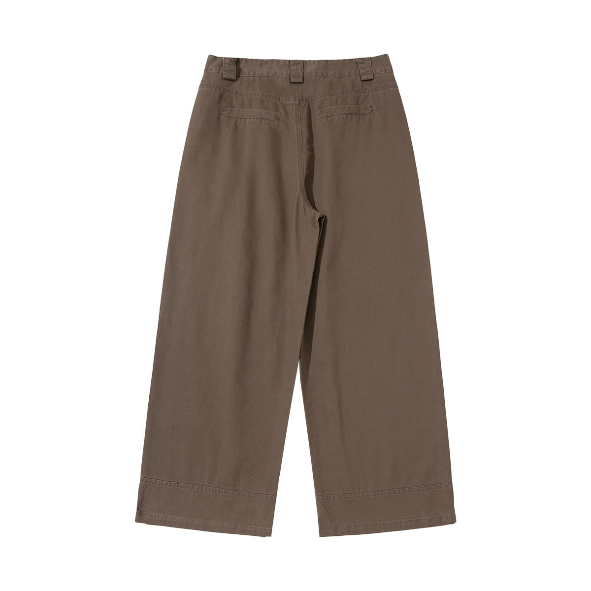 Back view of brown wide-leg trousers with belt loops, two welt pockets and stitched hems.