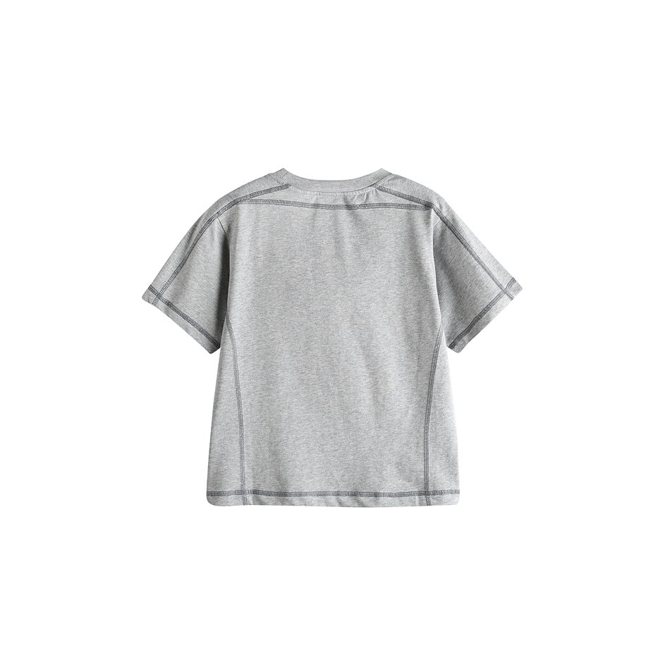 Back view of a heather gray short-sleeve crewneck tee with dark contrast stitching.