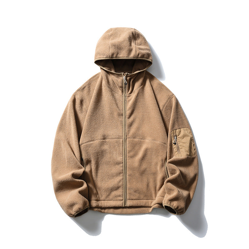 Khaki hooded fleece-style zip jacket laid flat, front view with sleeve pocket