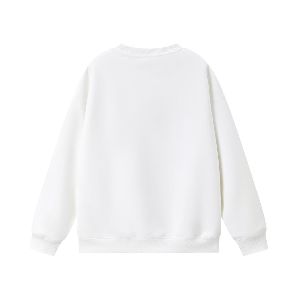 Back view of a plain white crewneck sweatshirt with long sleeves and ribbed cuffs and hem.