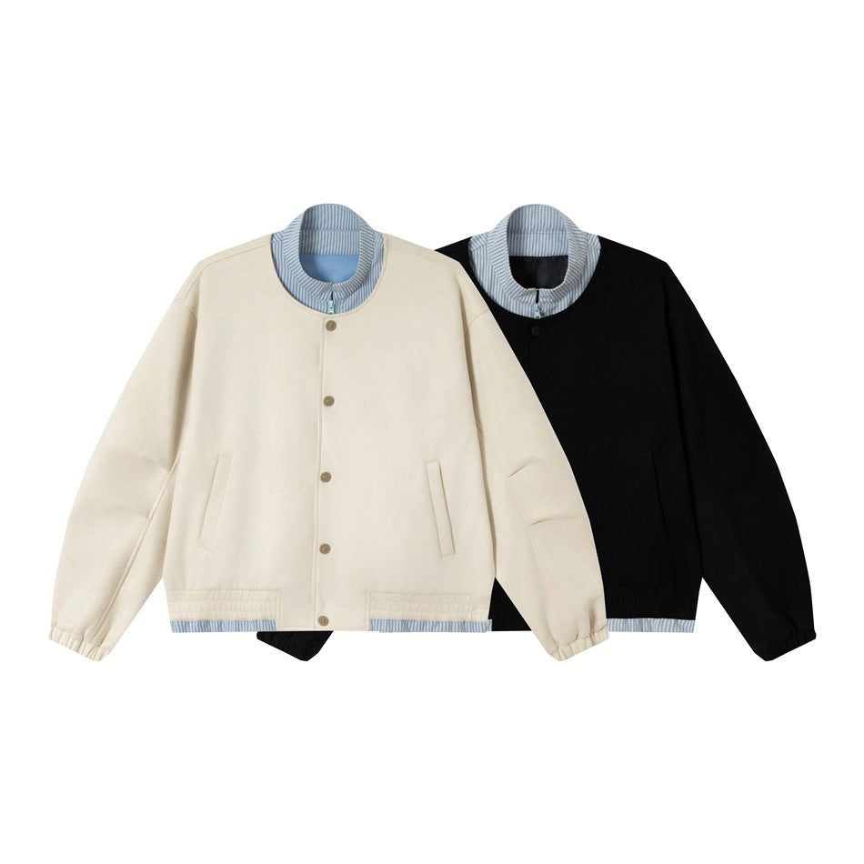 Cream and black button-front jackets shown together, both with striped collars and matching hem trim.