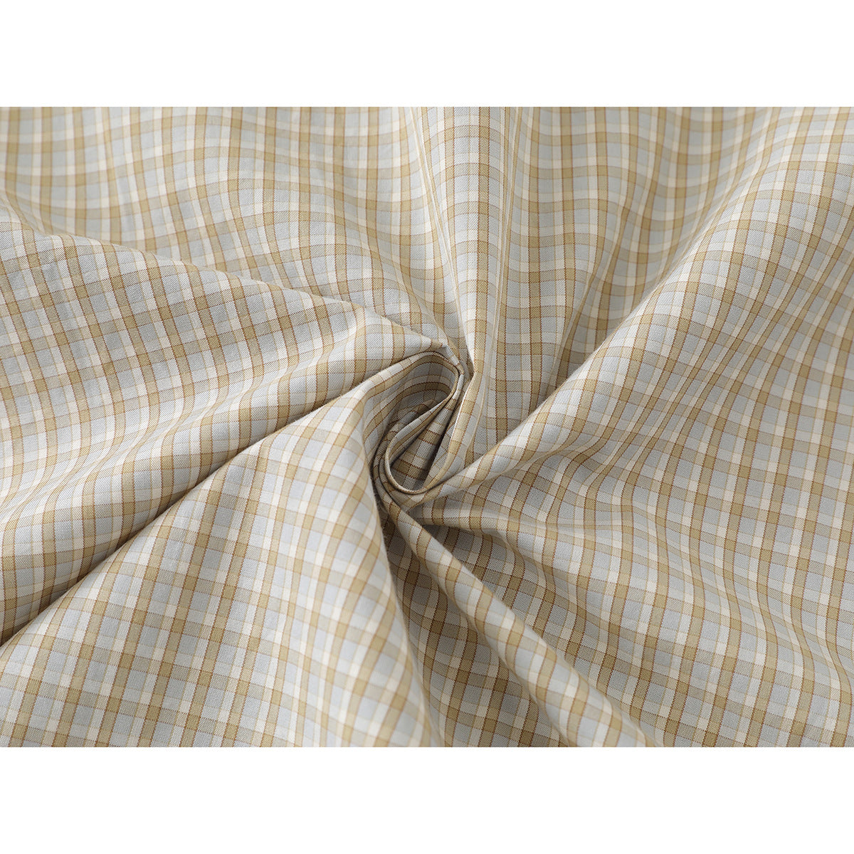 Close-up of cream fabric with a tan and gray windowpane check, gathered to show its pattern.