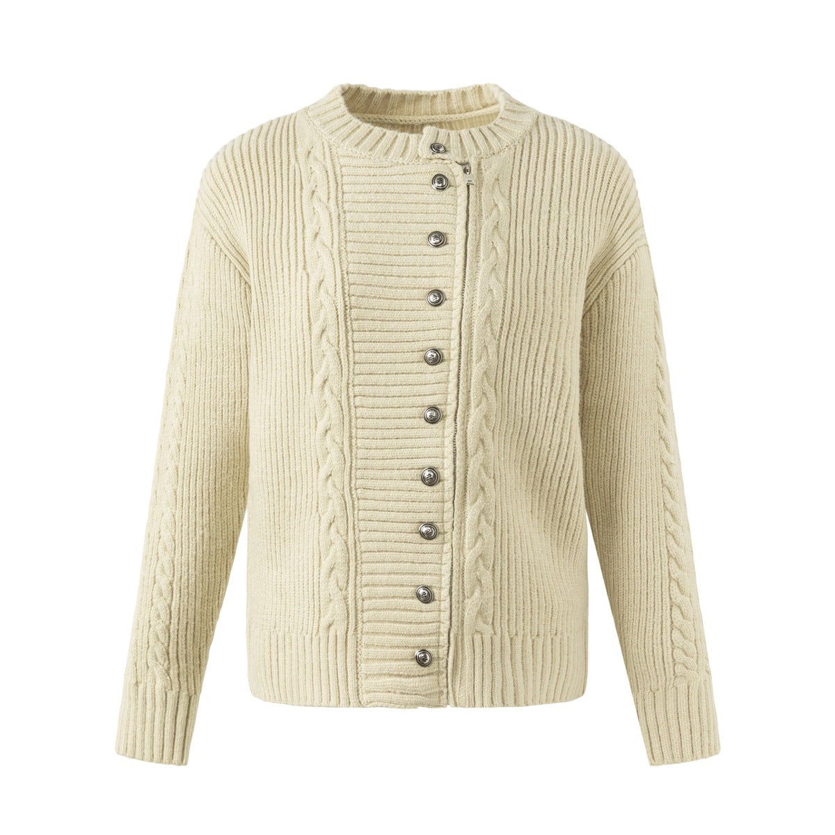 Apricot cable and rib knit cardigan with crew neck and silver metal buttons, flat front view