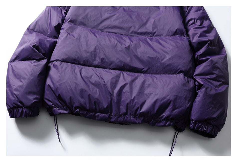 Rear view of a purple jacket with horizontal quilted panels, elastic cuffs, and adjustable hem drawcords.