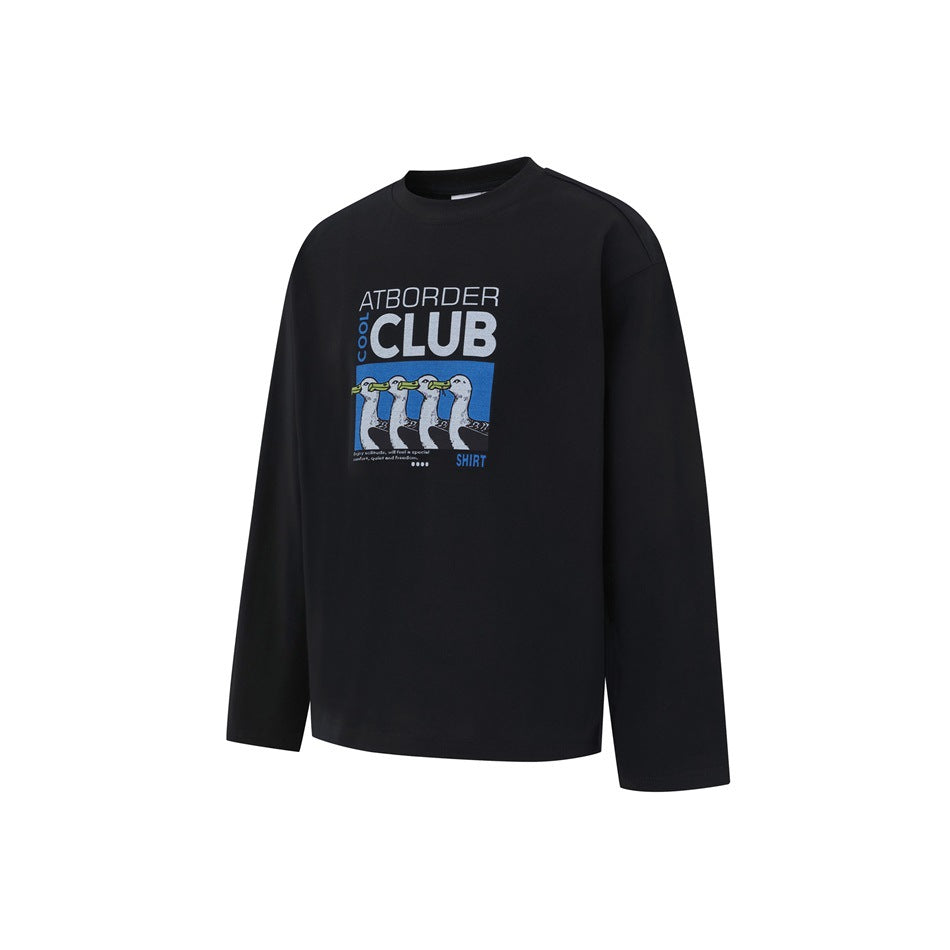Front view of a black long-sleeve crew-neck shirt with a blue-and-white cartoon graphic and English text on the chest.