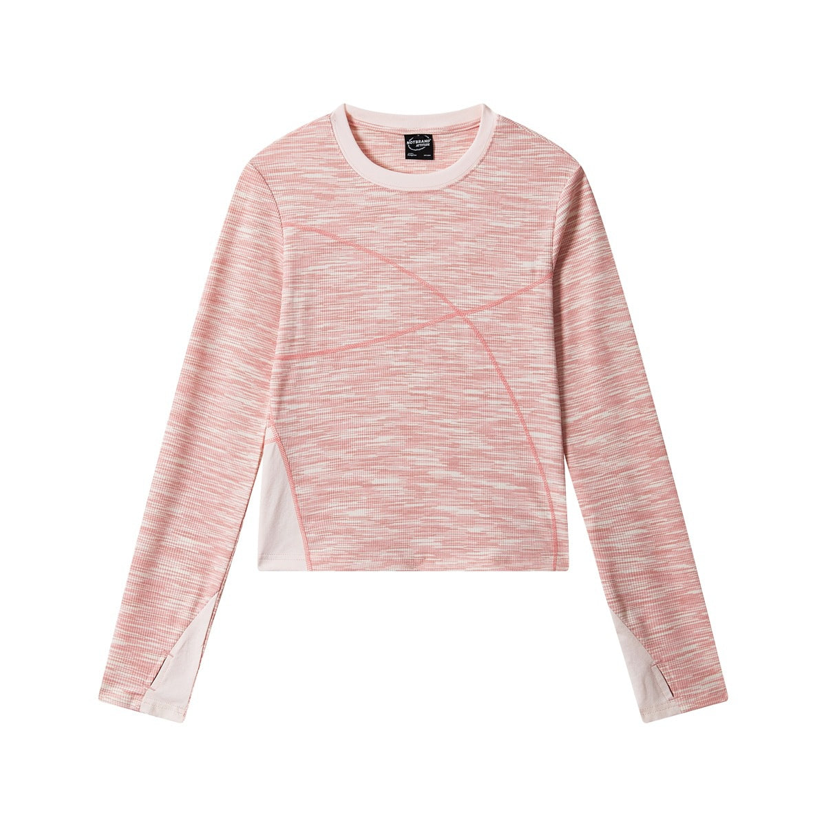 Pink heathered long-sleeve crew neck top with light pink trim, contrast stitching and side panels, flat front view