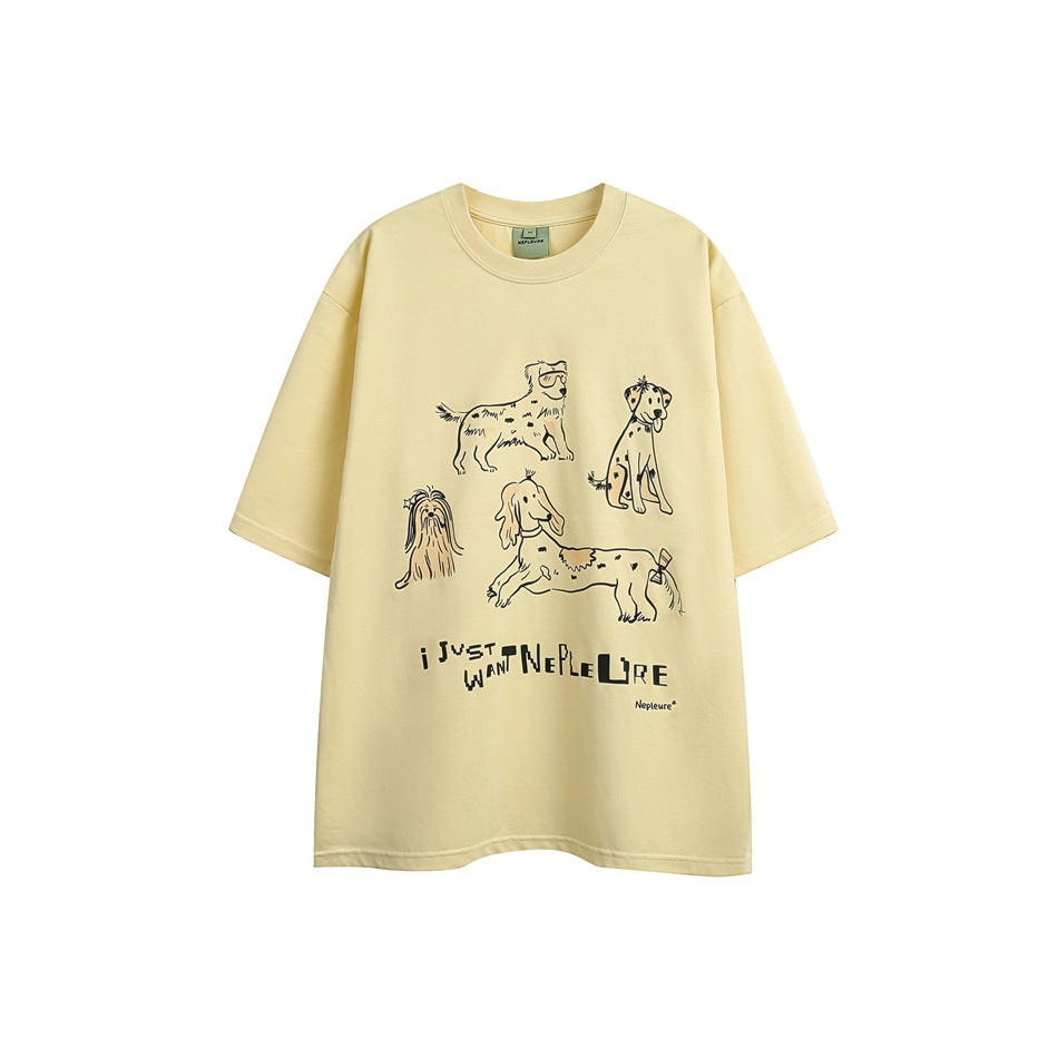 Light yellow short-sleeve crew-neck t-shirt with black dog illustrations and slogan print on the front