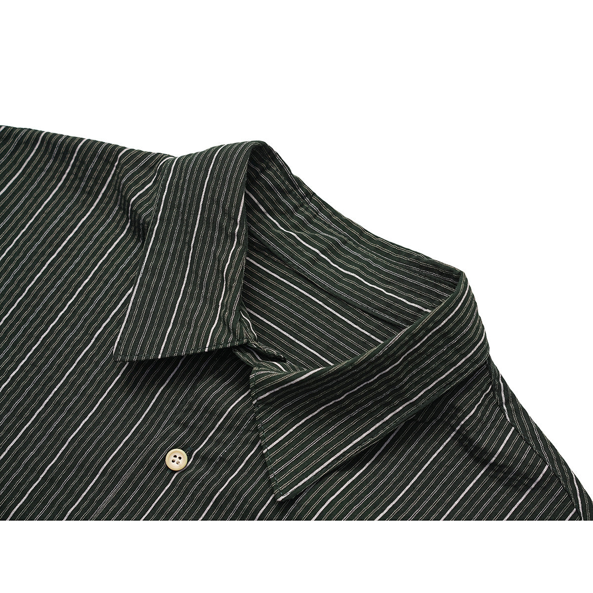 Close-up of a dark green striped shirt collar and button placket with cream buttons.