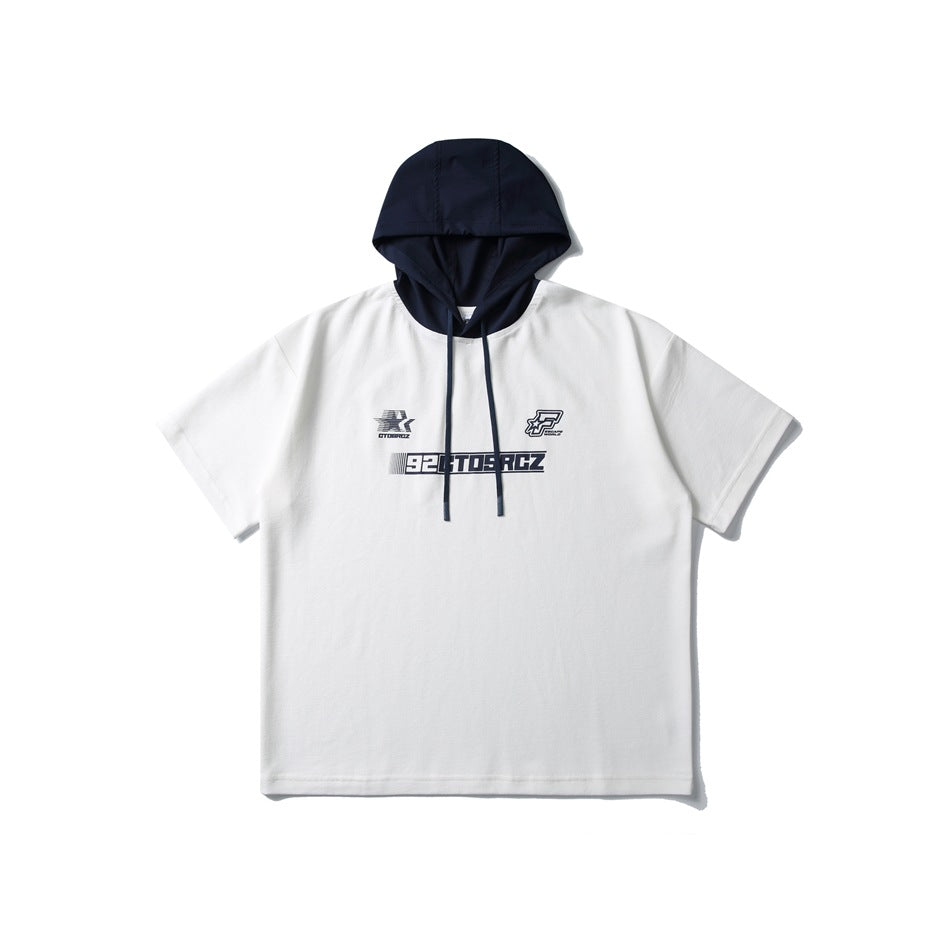 White short-sleeve hooded T-shirt with navy hood, drawstrings and navy chest prints, flat lay front view